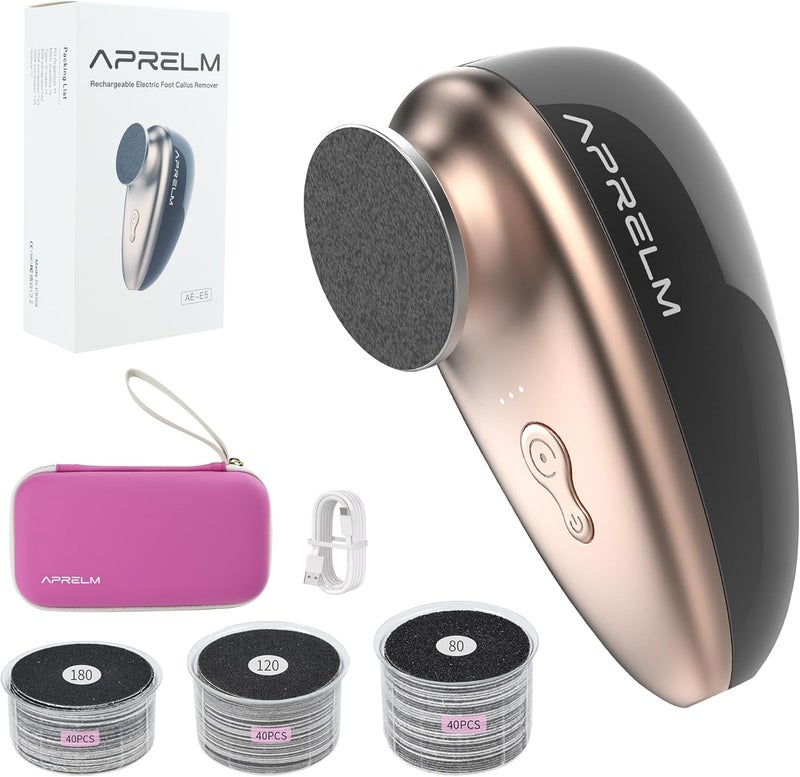 APRELM Rechargeable Electric Foot Callus Remover with 3-Sizes 120Pcs Sandpapers, Professional 1000RPM Electric Foot File with Organizer, Pedicure Tools Gifts for Women Men (E5 Black-Gold) - Image 1